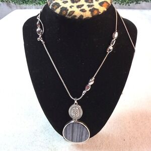 Vintage Double Pendant Necklace Womens Silver Blue Reversible Boho Statement
